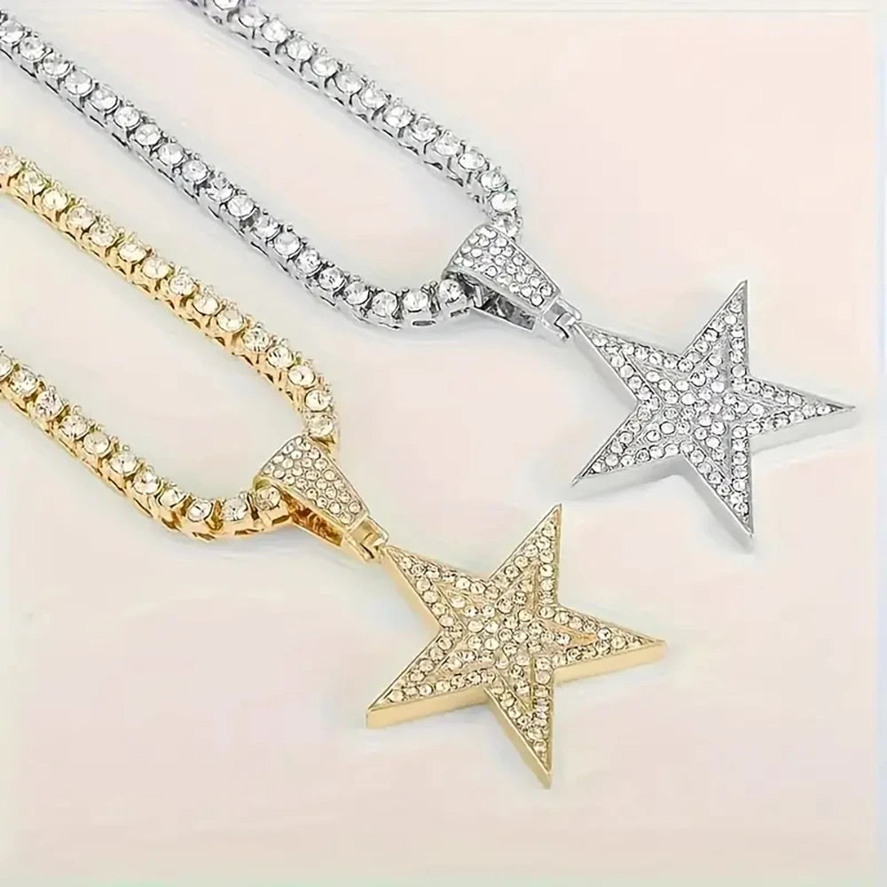 Iced Out Popular Full Rhinestone Star Shape Pendant Match 20inch Tennis Chain Fashion Jewelry Accessories For Men and Women USA