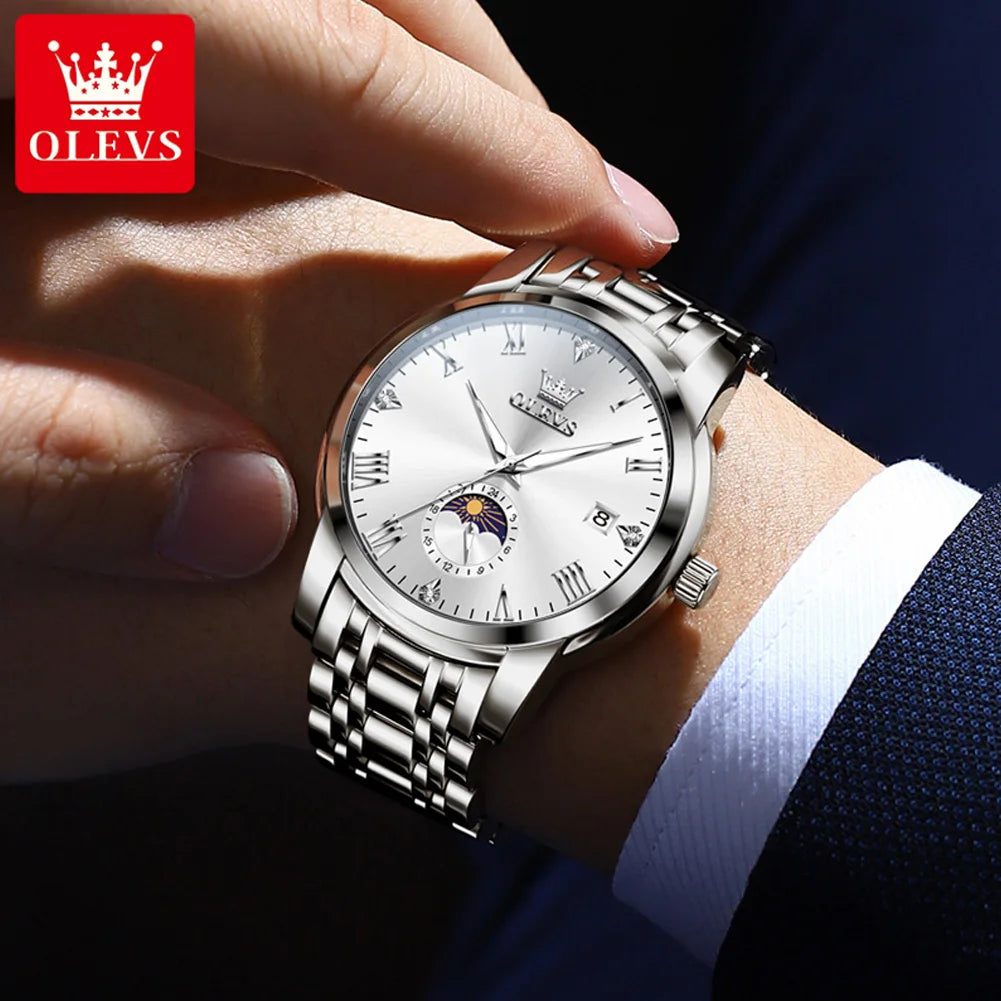 OLEVS Top Brand Men's Watches Fashion Original Quartz Watch for Man Waterproof Stainless Steel Luminous Wristwatch Moon Phase
