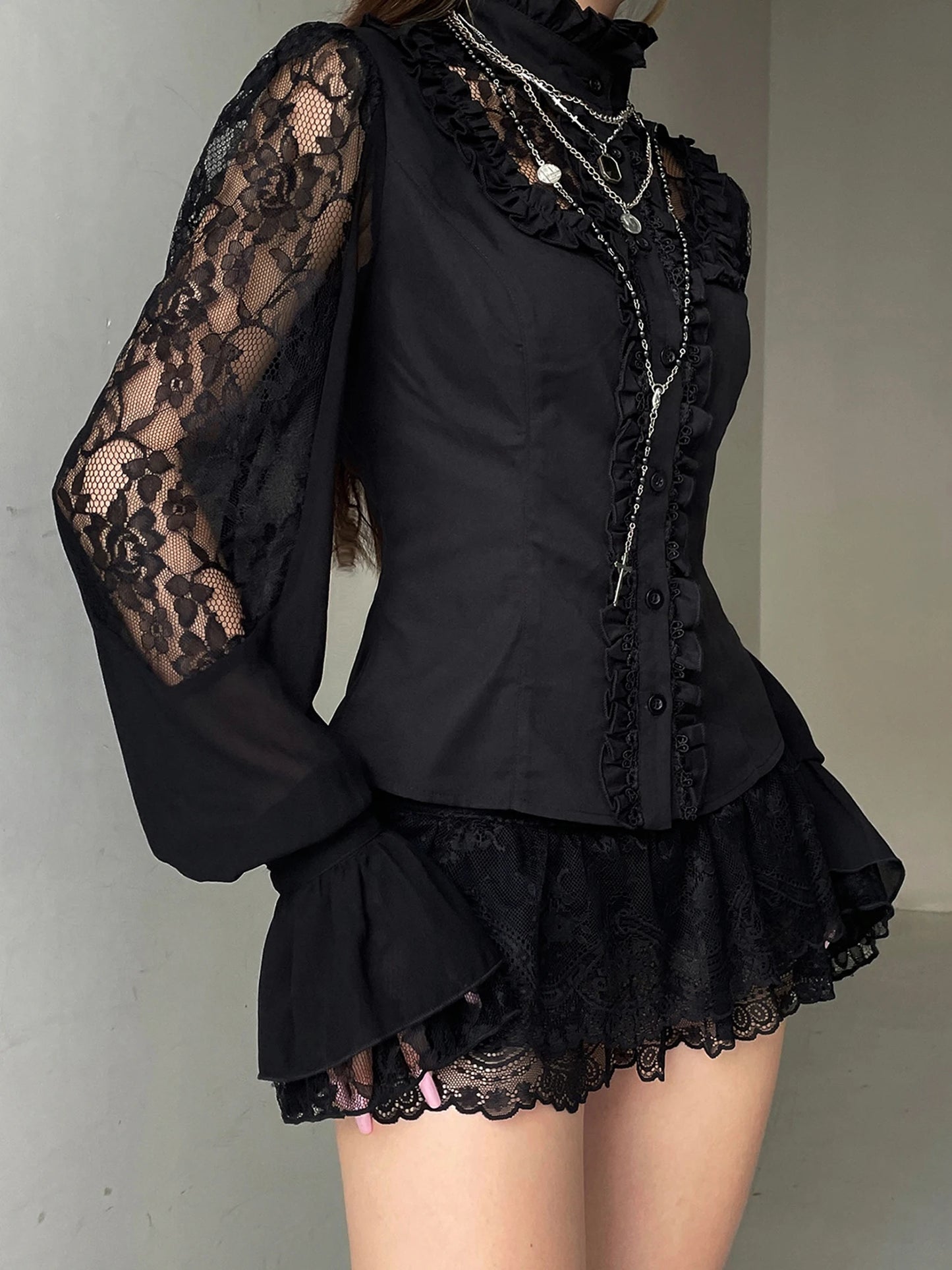 Elegant Floral Embroidered Blouse Stylish V-Neck Long Sleeve Button Down Shirt Casual  Fit Lace Patchwork Top for Women