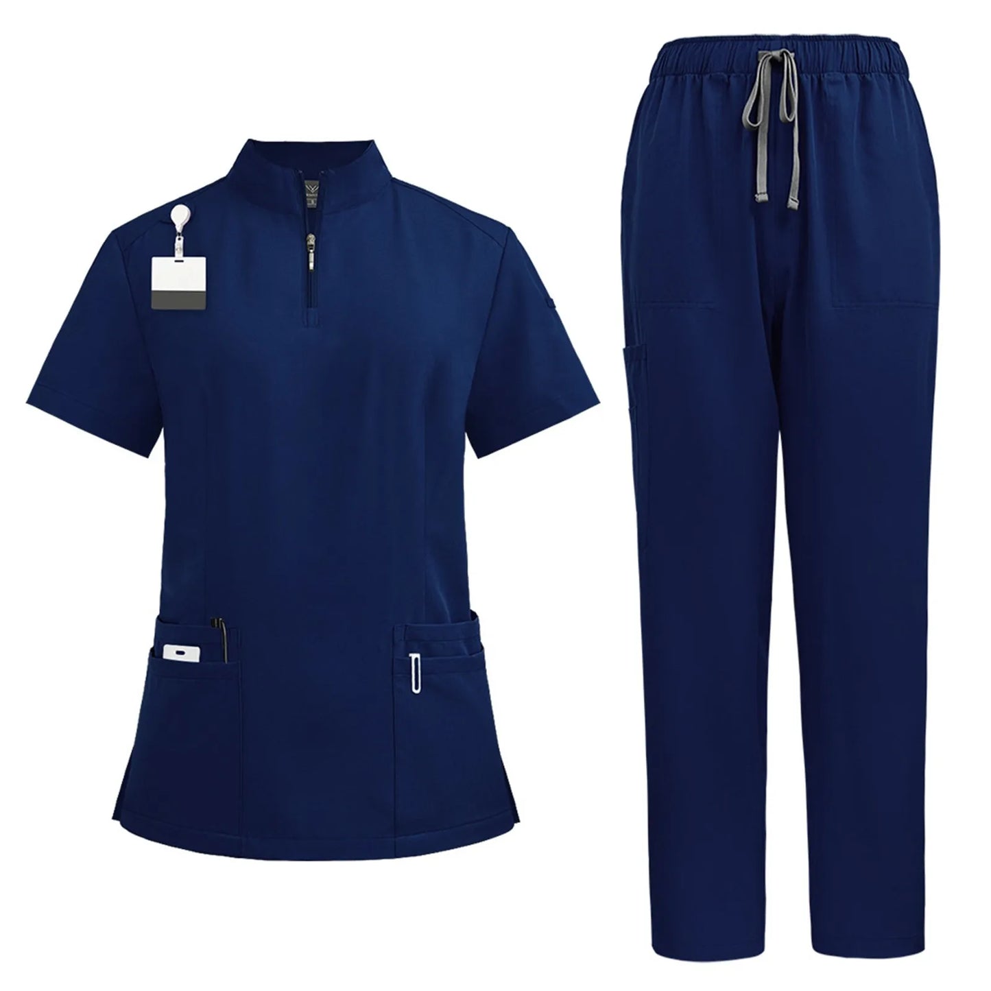 Women Two-Piece Set Solid Color Stand-Up Collar Short-Sleeve Top With Zipper Pocket And Matching Pants Professional Workwear