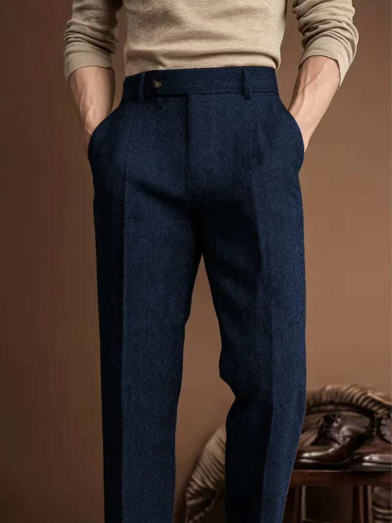 Men's Retro Herringbone Coarse Tweed Blend Straight Leg Trousers Classic Formal Business Office Leisure Attire Autumn Pants