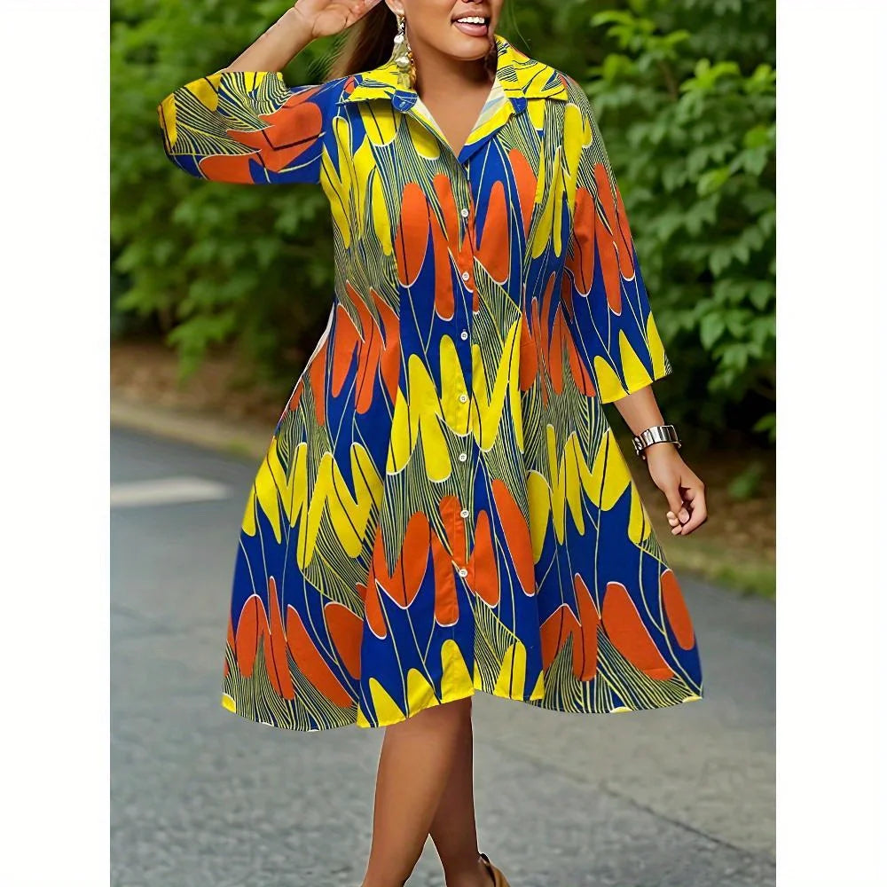 Multi Color Pattern Printed Lapel Long Sleeved Casual Vacation Shirt Long Skirt