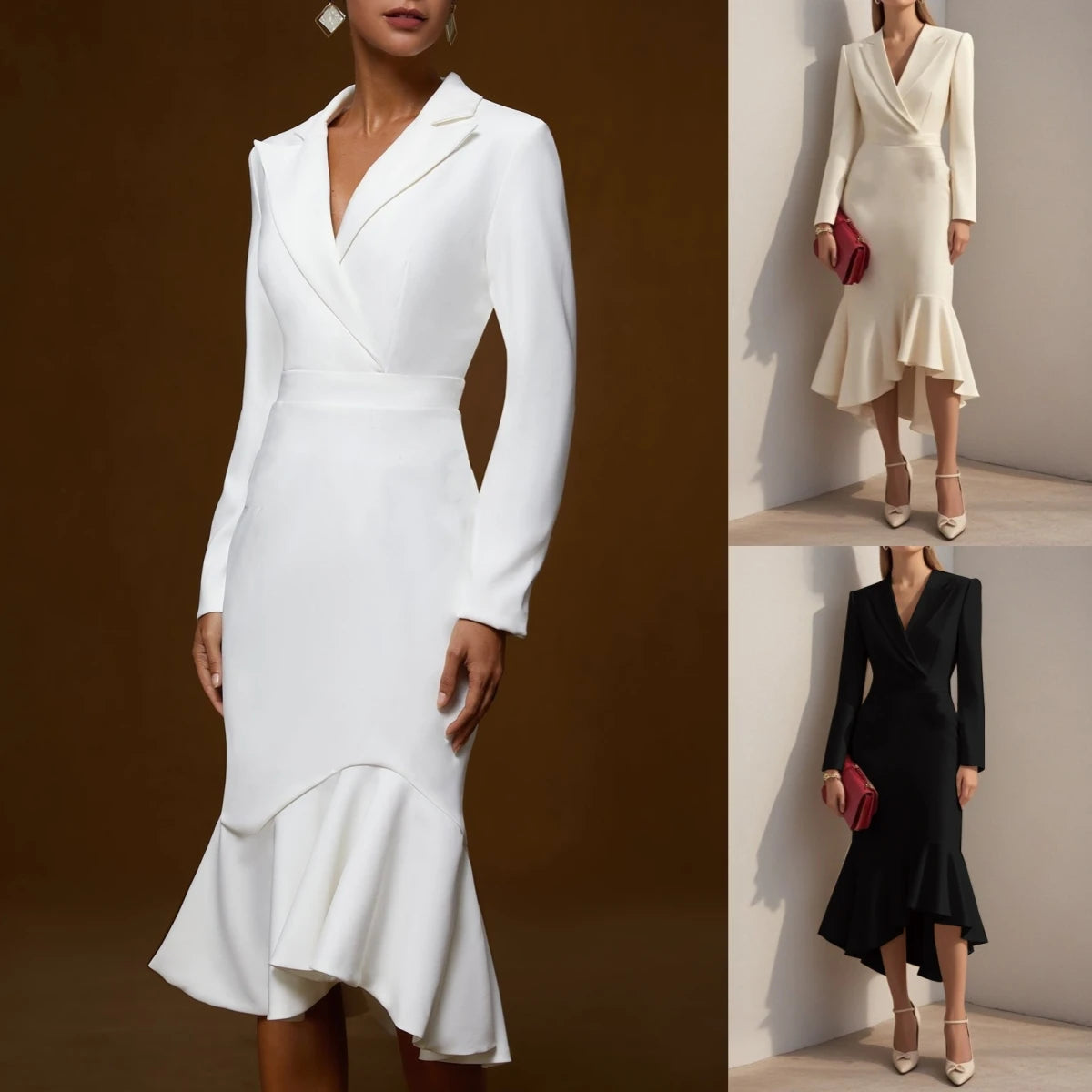 Elegant Lapel Long Sleeve Ruched Waist Mermaid Midi Dress for Women Office Party Formal Wear