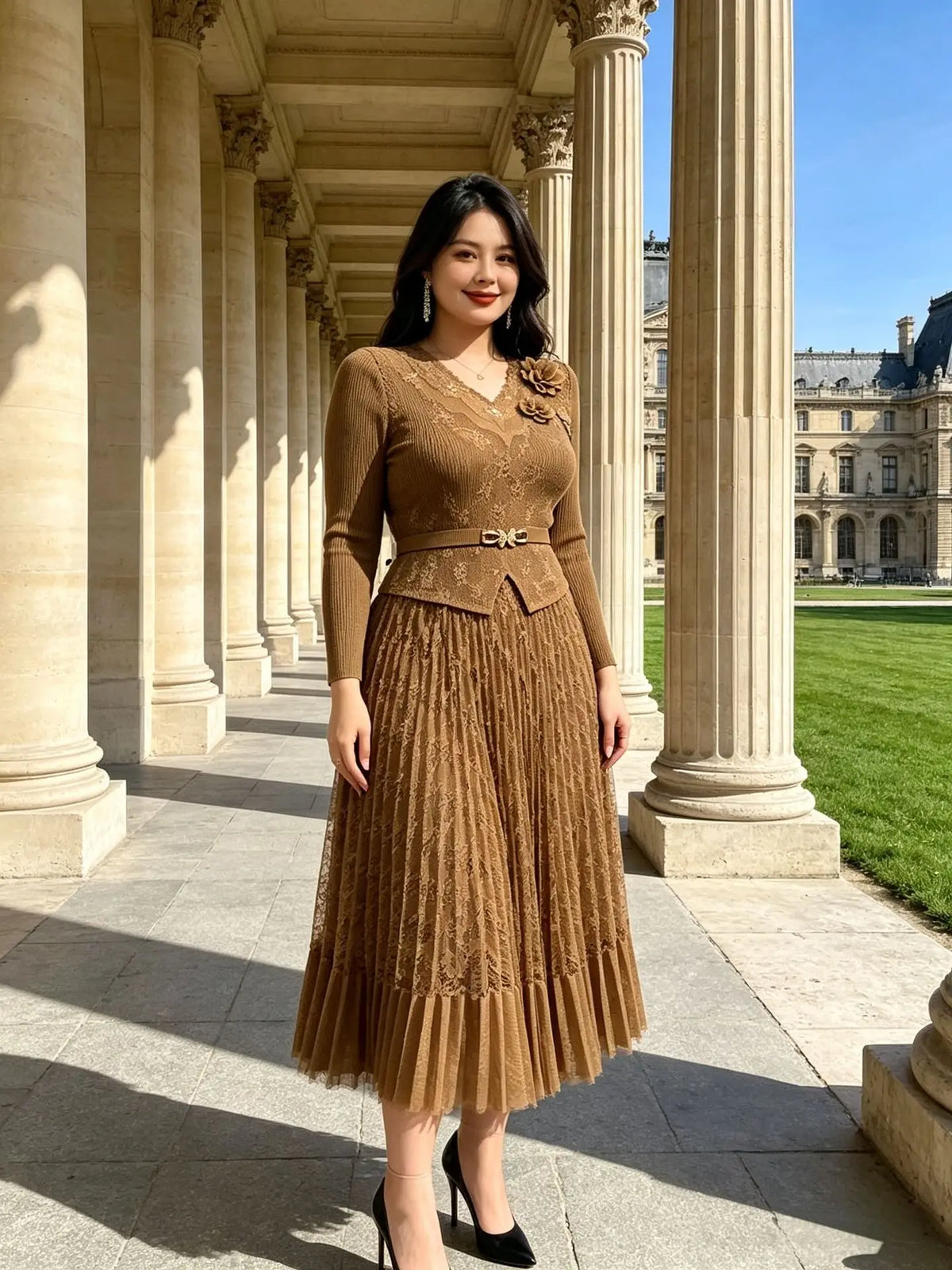 Miyake Pleated Dresses 2026 Autumn New Long Sleeve Fashionable Elegant Lace Splicing Stretchy Women's Plus Size Long Dress