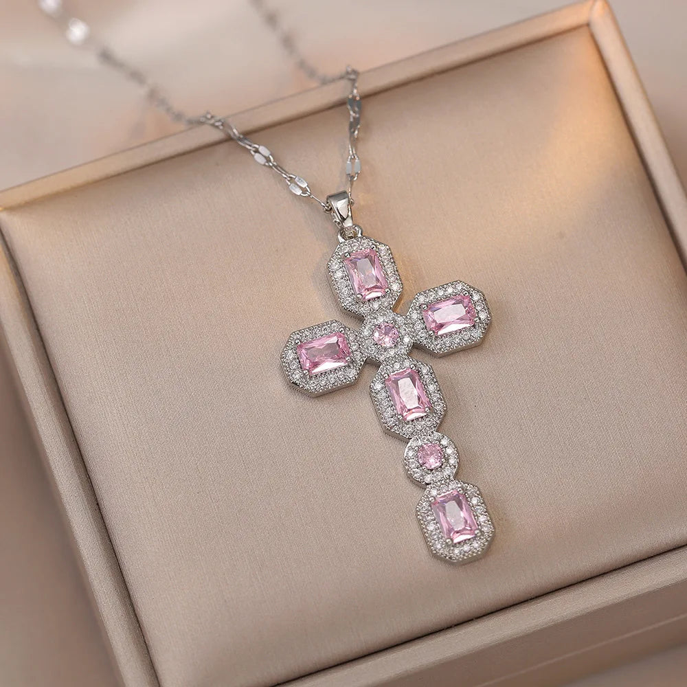 Luxury White Pink Zircon Big Cross Pendants Clavicle Necklaces For Women Stainless Steel Chains Necklace Birthday Party Jewelry