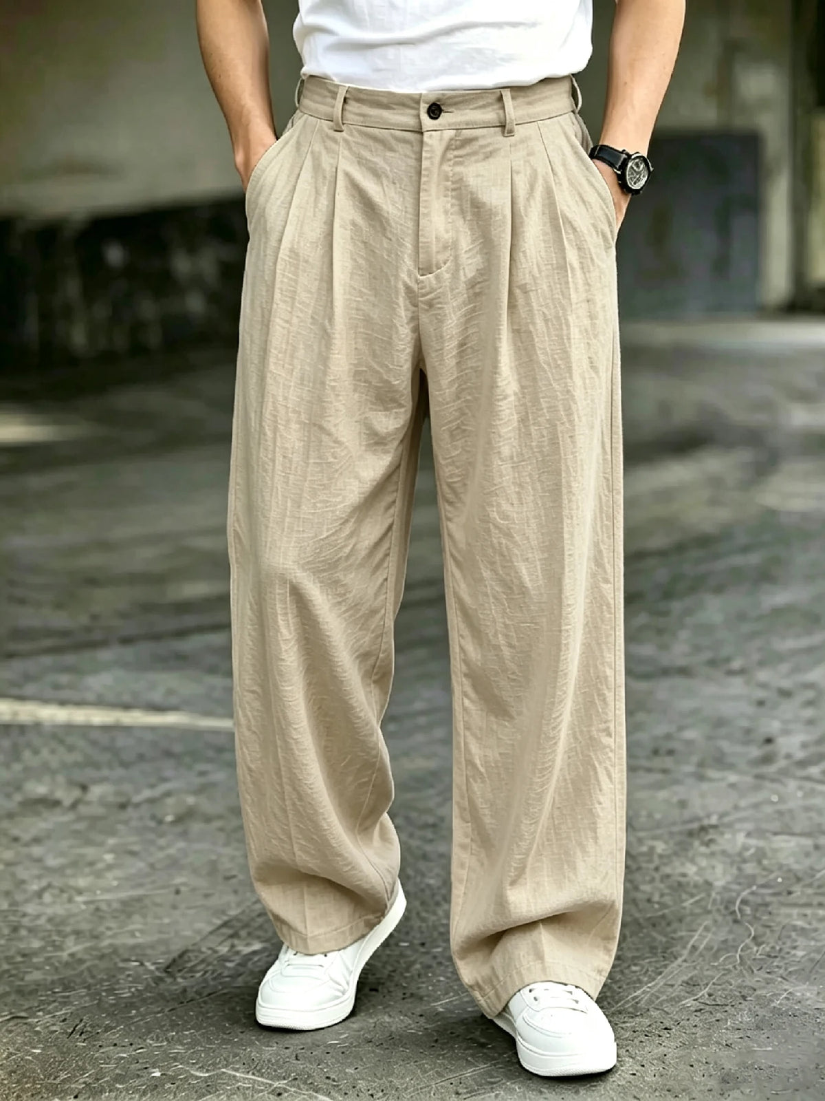 Men's High Waist Double Pleated Draping Wide Leg Dress Pants Wrinkle Resistant Breathable Textured Fabric Loose Fit Trousers for