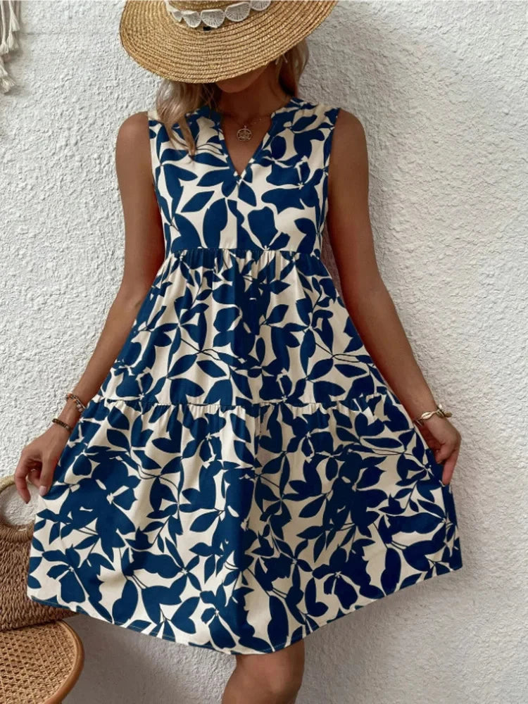 Women Boho Print Mini Dress Summer Elegant Sleeveless V Neck Ruffle A Line Tank Dress Casual Loose Oversize Beach Party Sundress