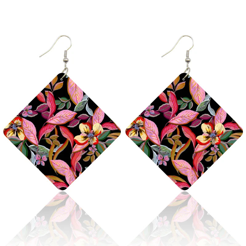 SOMESOOR Seamless Floral Afro Fabric Square Wooden Drop Earrings Blue Peonies Flowers Bohemian African Art Women Dangle Jewelry