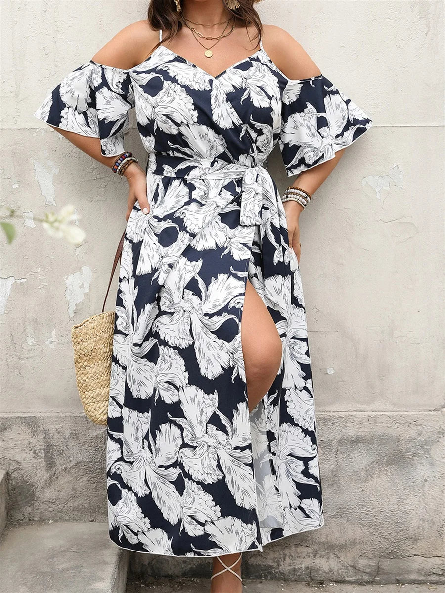 Women Plus Size Floral Print Maxi Dress with Ruffle Sleeves and V Neckline Elegant Belted Long Dress with High Side Split