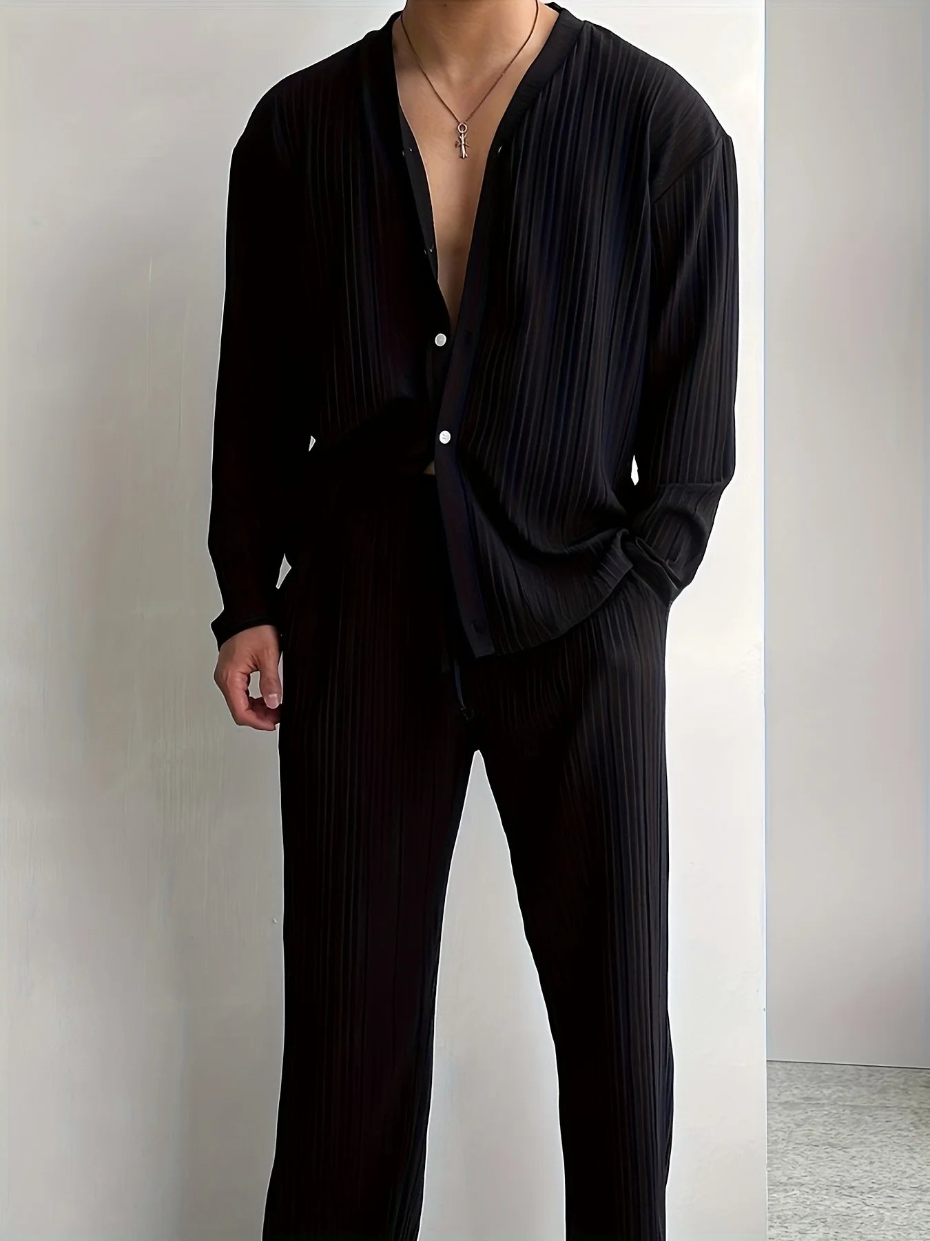 New men's commuter two-piece set, casual button-down shirt long sleeve pants cool men's summer suit - the best choice for casual