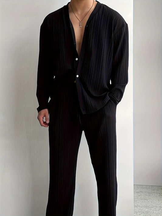 New men's commuter two-piece set, casual button-down shirt long sleeve pants cool men's summer suit - the best choice for casual