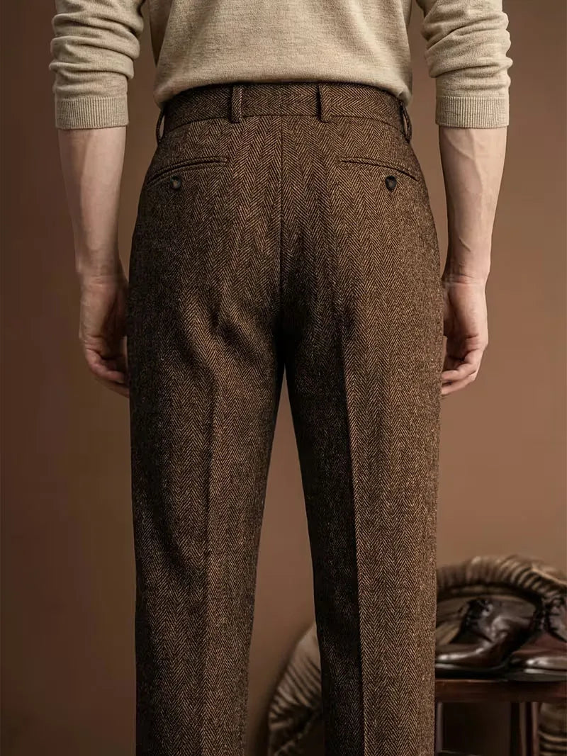 Men's Retro Herringbone Coarse Tweed Blend Straight Leg Trousers Classic Formal Business Office Leisure Attire Autumn Pants