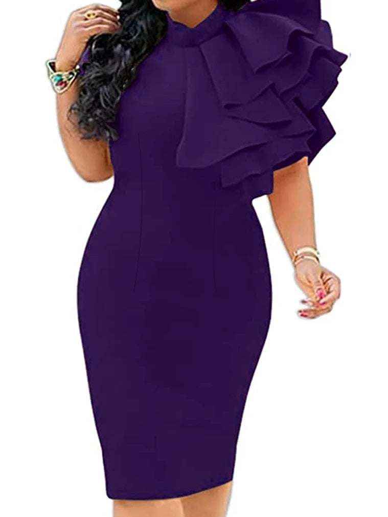Solid Layered Ruffle Sleeve Trim Dresses Elegant Mock Neck Bodycon Sleeveless Wedding Guest Dress