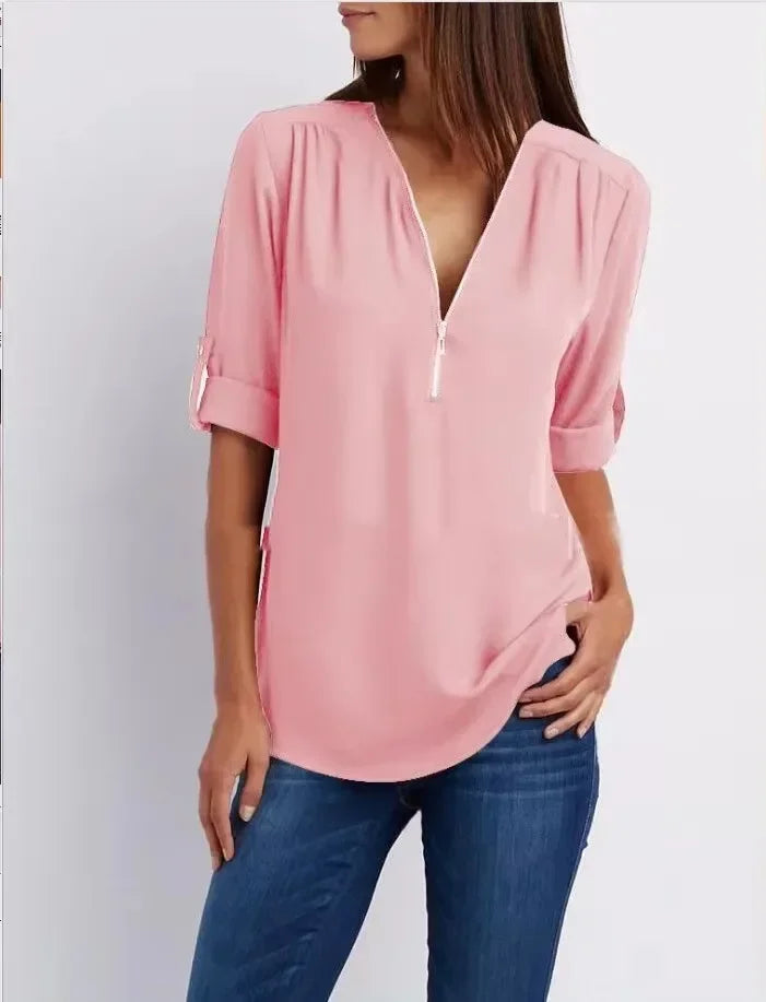 2025 Hot Sale Women Cool Loose Shirt Deep V Neck Chiffon Fashion Blouse Casual Ladies Tops Sexy Zipper Pullover Plus Size
