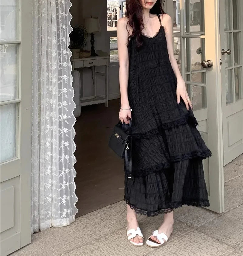 Summer  Long Vintage Casual Ruffles Elegant Maxi Strap Camis Silky Beach Lace Elegant Party Dress Vestidos Sexy Women