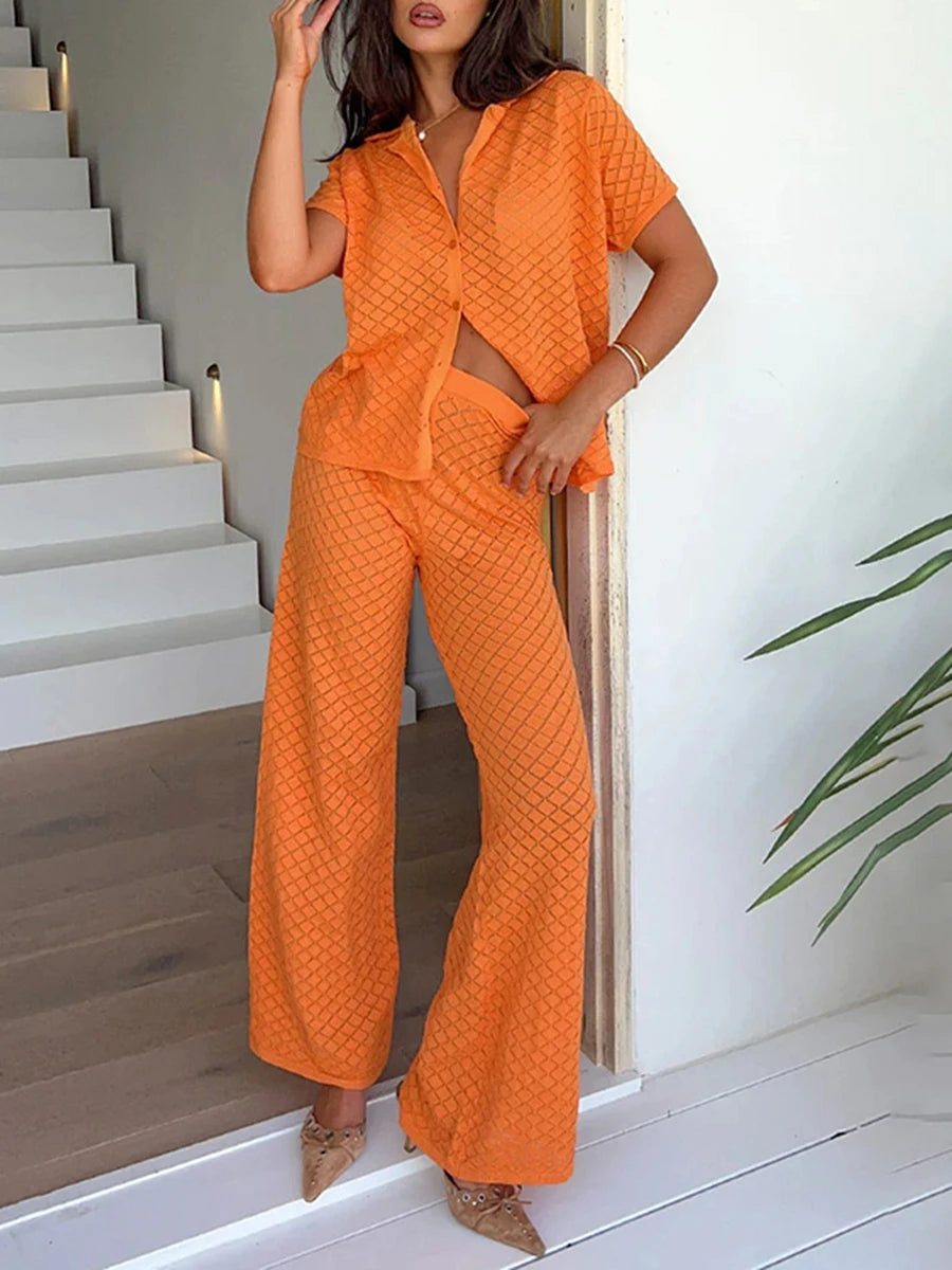 Women s 2 Piece Knit Set Lapel Neck Short Sleeve Button Down Tops Elastic Waist Wide Leg Pants Solid Color Outfits for Summer