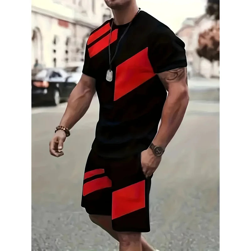 Men's Two Piece Color Block Summer Casual Suit,TShirt and Pocket Shorts Set