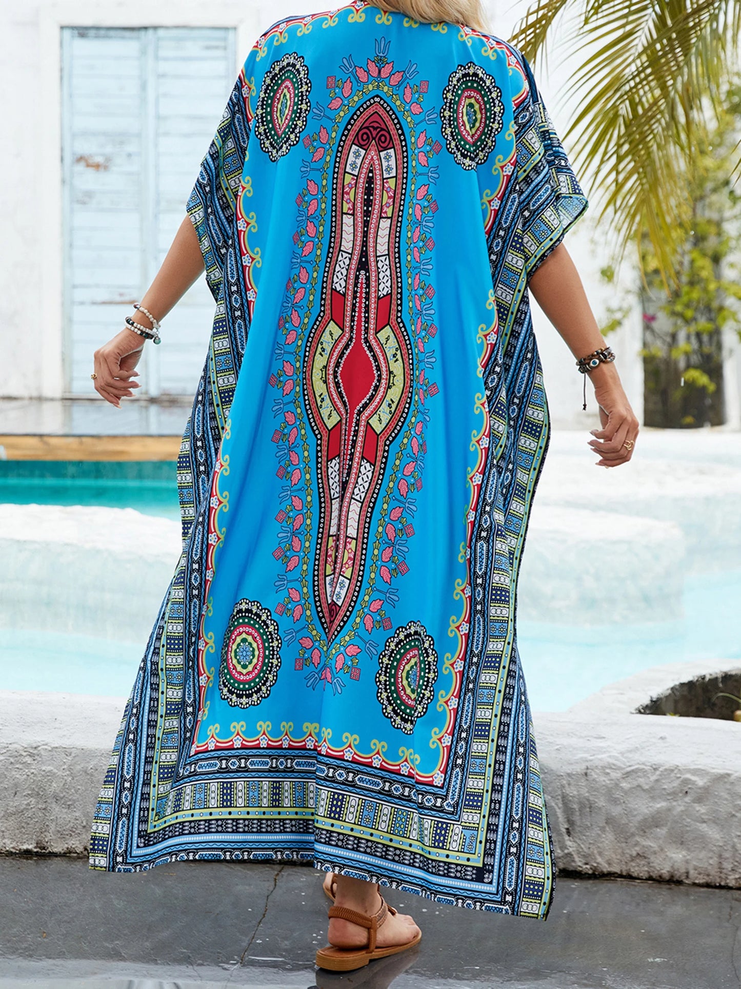 Women s Boho Style Floral Print V-neck Short Sleeve Beach Cover-up Dress with Side Slit Loose Fit Summer Maxi Dress