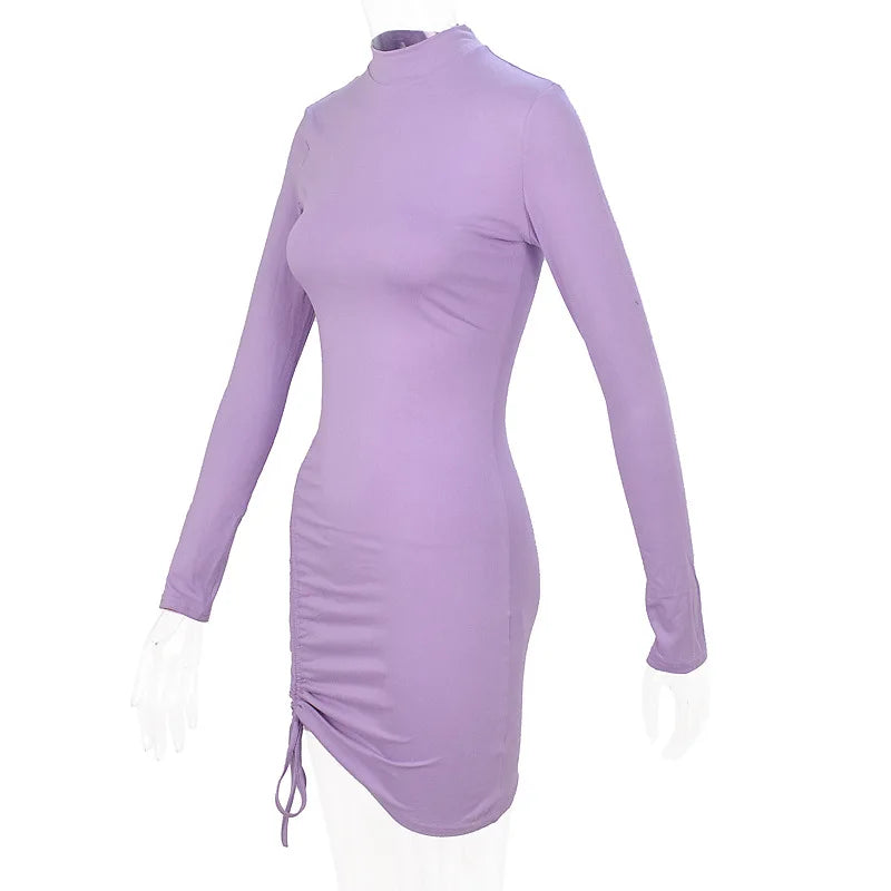 New Dresses 2025 Woman Fashion Summer High-neck Purple Long-sleeved Pleated Tie-up Dress Skirt Women's Clothing
