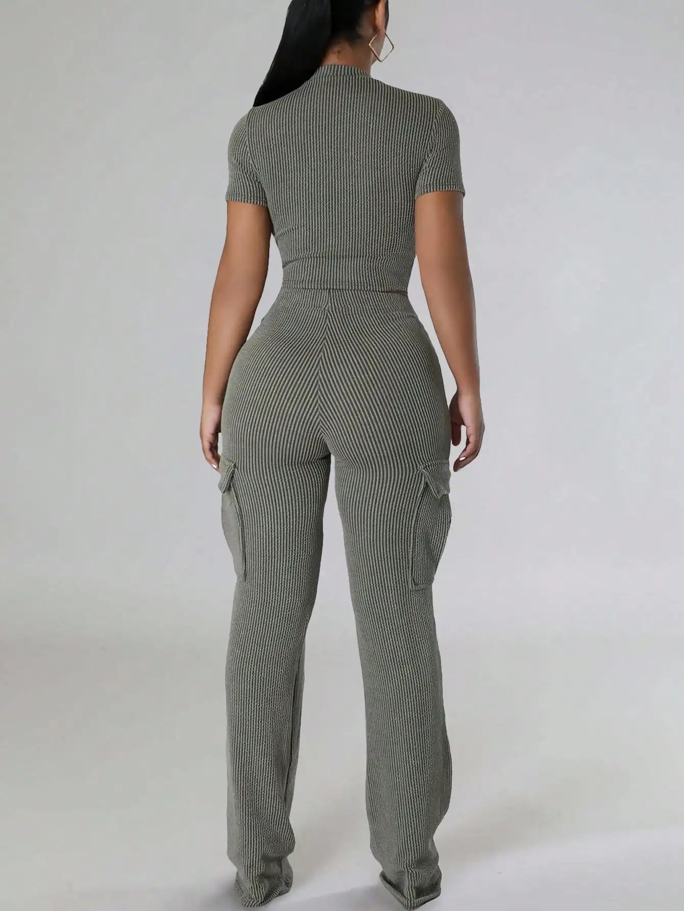Women's Ribbed Knit Two-Piece Tracksuit - Short Sleeve Crop Top & High-Waisted Wide Leg Pants (Crewneck/Elastic Waist)