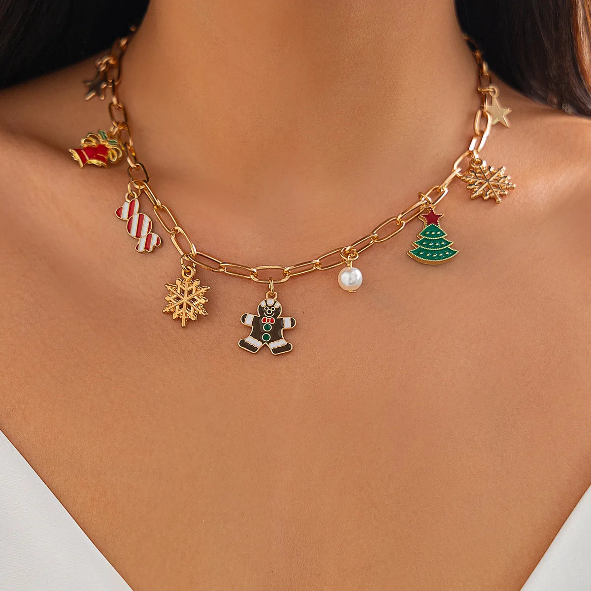 Christmas Fashion Bell Christmas Tree Necklace, Light Luxury Metal Collarbone Chain Set