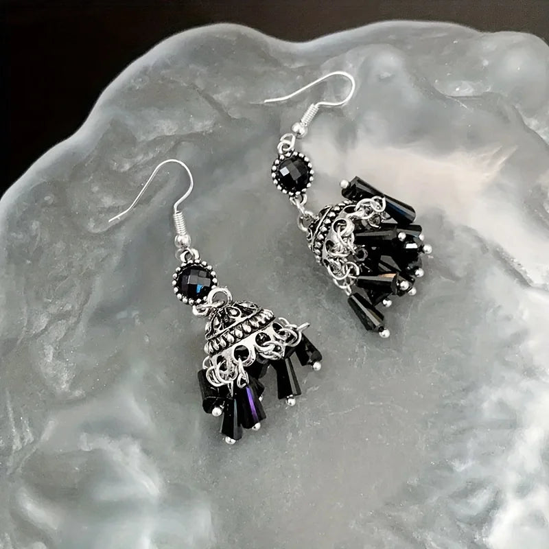 Chic Tassel Lantern Earrings - Exquisite Black Chandelier Drops, Dangling Ethnic Style Hooks, Hypoallergenic for Sensitive Skin