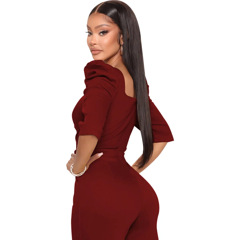 Sexy fashion solid color seven-quarter sleeve V-neck women's jumpsuit SMR10805