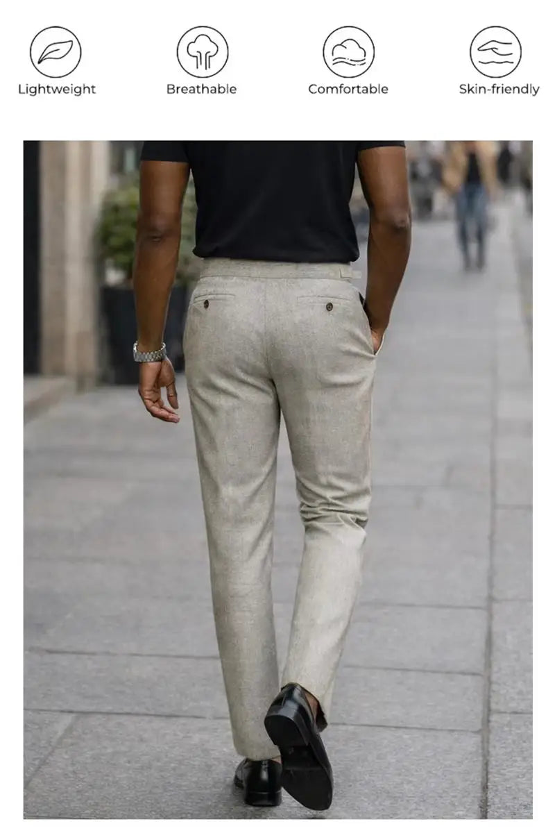 Summer Linen Solid Color Formal Pants Elastic Waist Loose Fit Pleated Slacks Comfortable Breathable Business Office Daily Wear