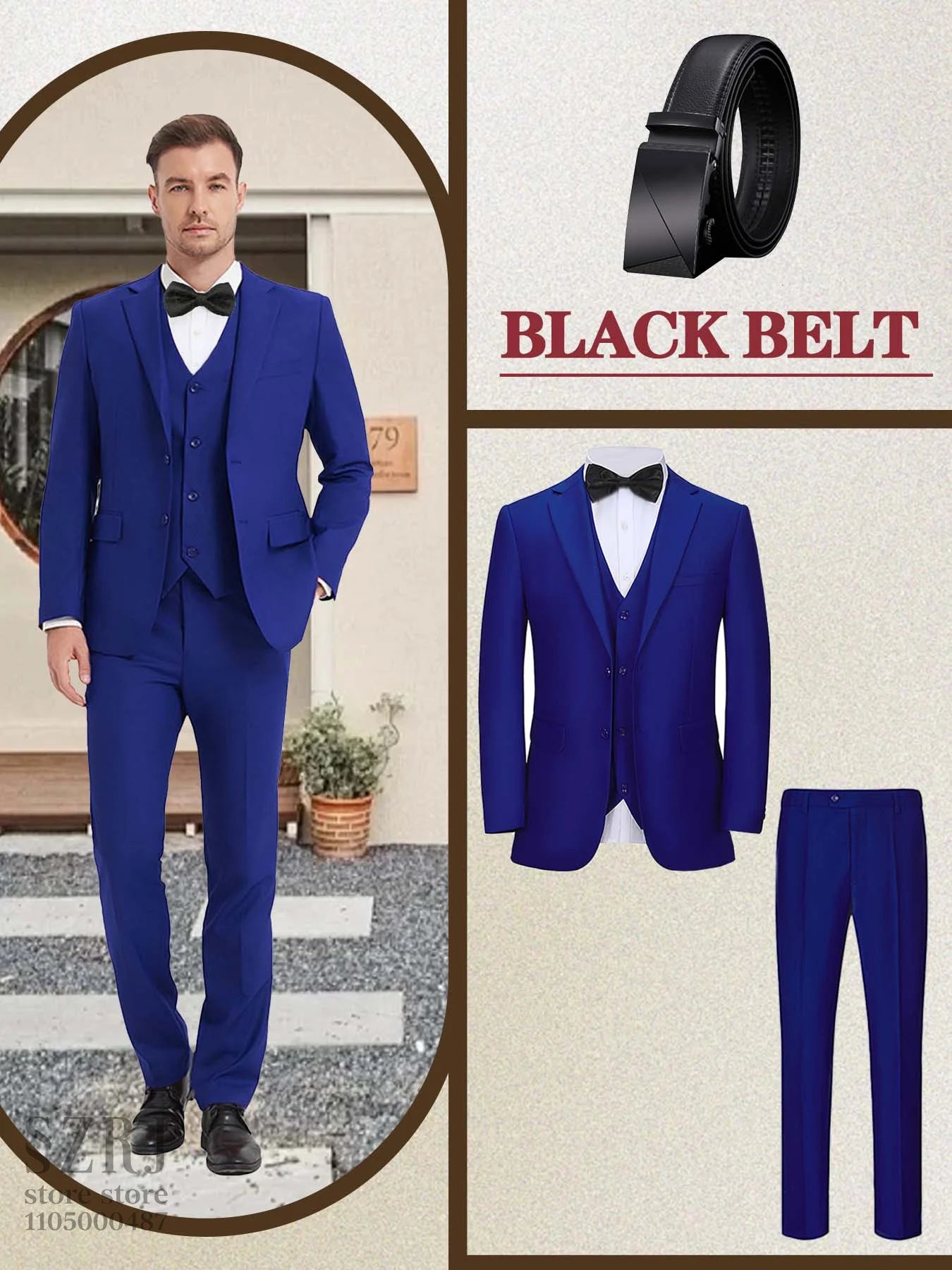 4pcs Men's Formal Suit Set: Tuxedo, Vest, Pants, Belt with .Classic Elegant Attire for Business, Party, Banquet, Job Interview