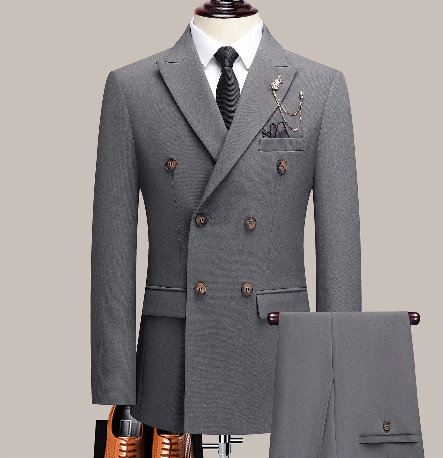 The latest men's solid color suit two-piece set with lapel collar and double breasted buttons for four seasons, men's business s