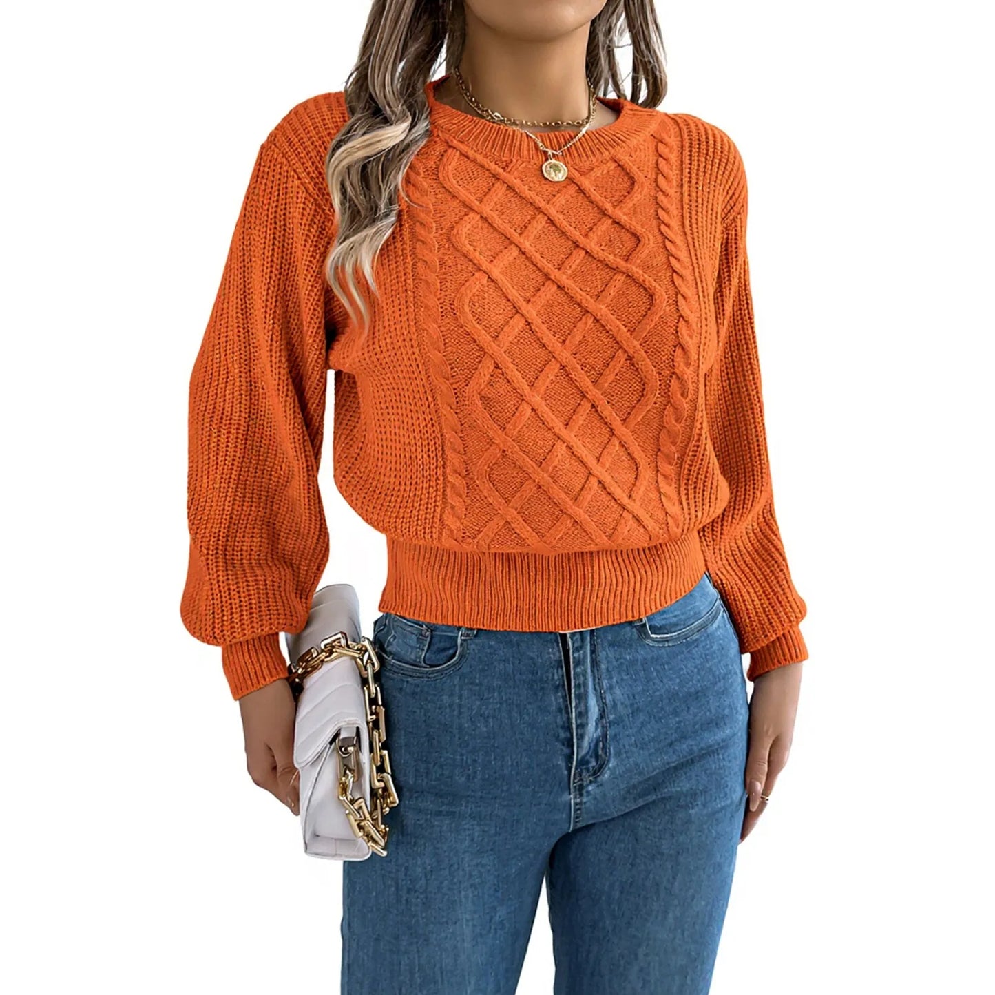 Women'S Fashion Solid Color Cable-Knit Long-Sleeved Waist Pullover Sweater Ropa De Mujer Winter Clothes Woman Sweater For Woman