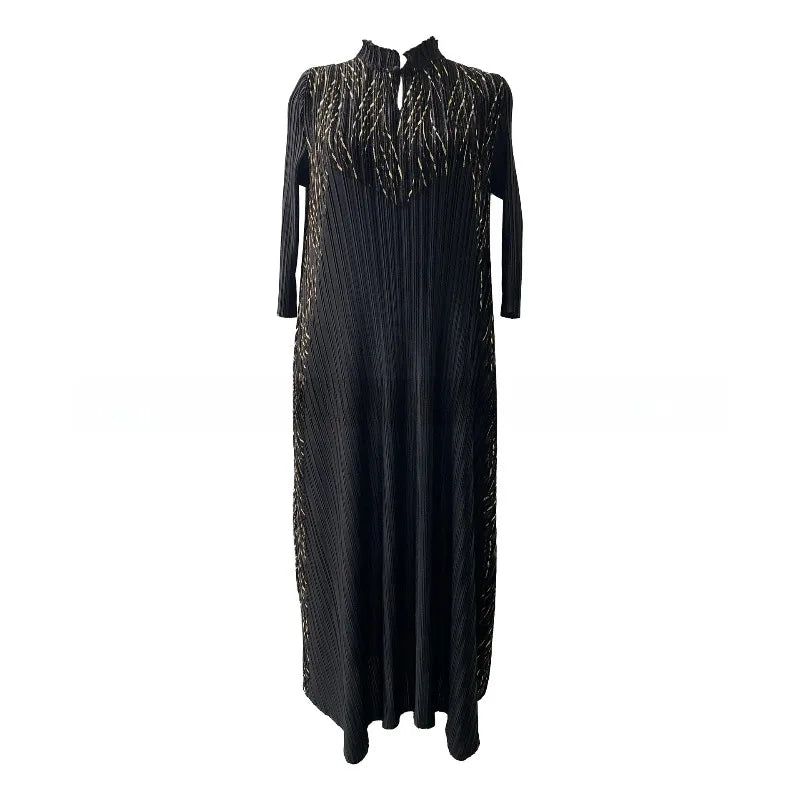 Miyake Pleated Dresses European American Fashion Retro Elegant Stand Collar Stretch Plus Size Women's Elegant Long Dress