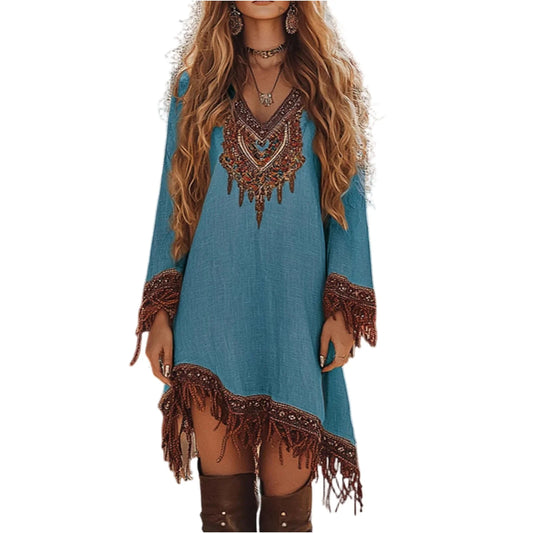 Womens Summer Dress Fashion Casual Fit Flowy Lace Loose Print Long Sleeve V Neck Dress Elegant Women'S Dresses Vestidos De Mujer