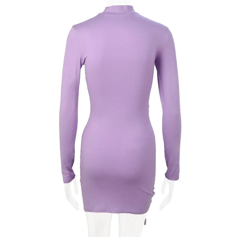 New Dresses 2025 Woman Fashion Summer High-neck Purple Long-sleeved Pleated Tie-up Dress Skirt Women's Clothing