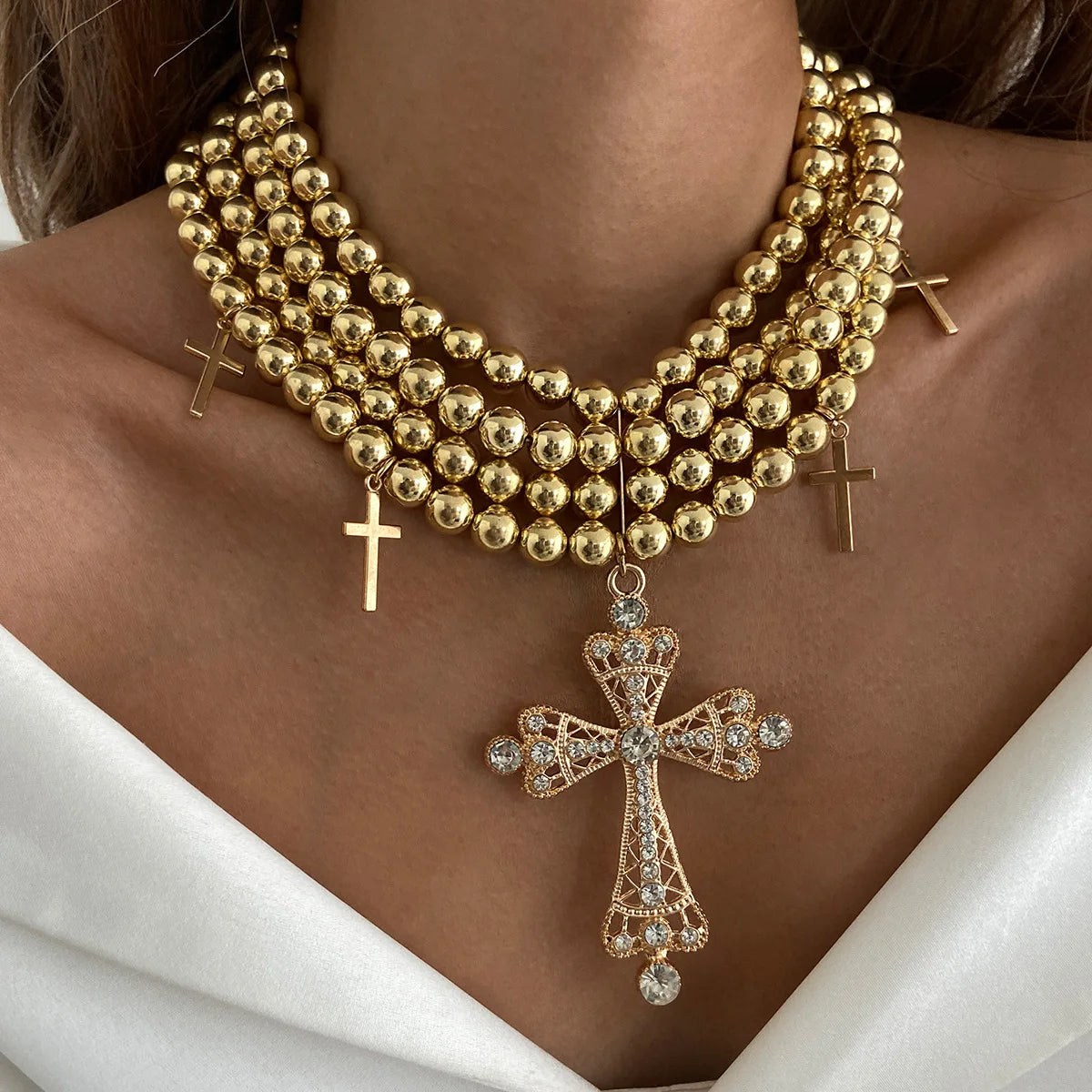 Light Luxury Style Diamond-encrusted Cross Multi-layer Necklace, Personality Exaggerated Temperament Round Bead Beaded Item