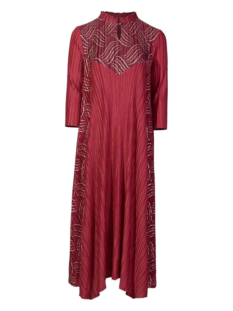 Miyake Pleated Dresses European American Fashion Retro Elegant Stand Collar Stretch Plus Size Women's Elegant Long Dress