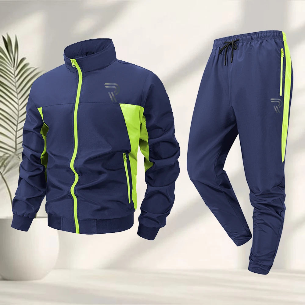 Men's Fashion R Icon Print Tracksuit Zipper Jacket And Drawstring Sweatpants Summer Outdoor Casual Fitness Training Apparel
