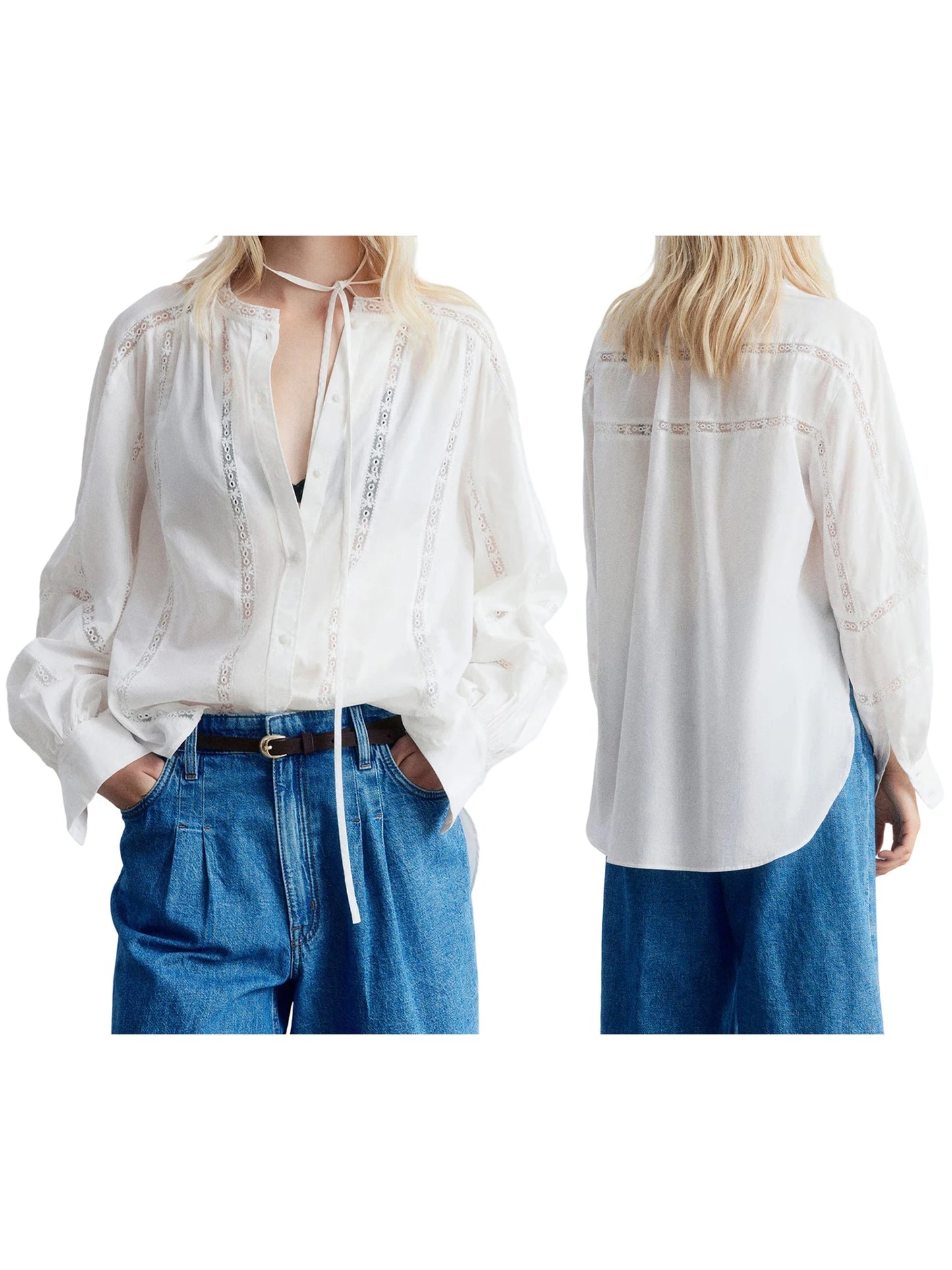 Women s Casual V-Neck Long Sleeve Button Down Shirt with Lace Detailing and Balloon Sleeves - Stylish Fall Blouse