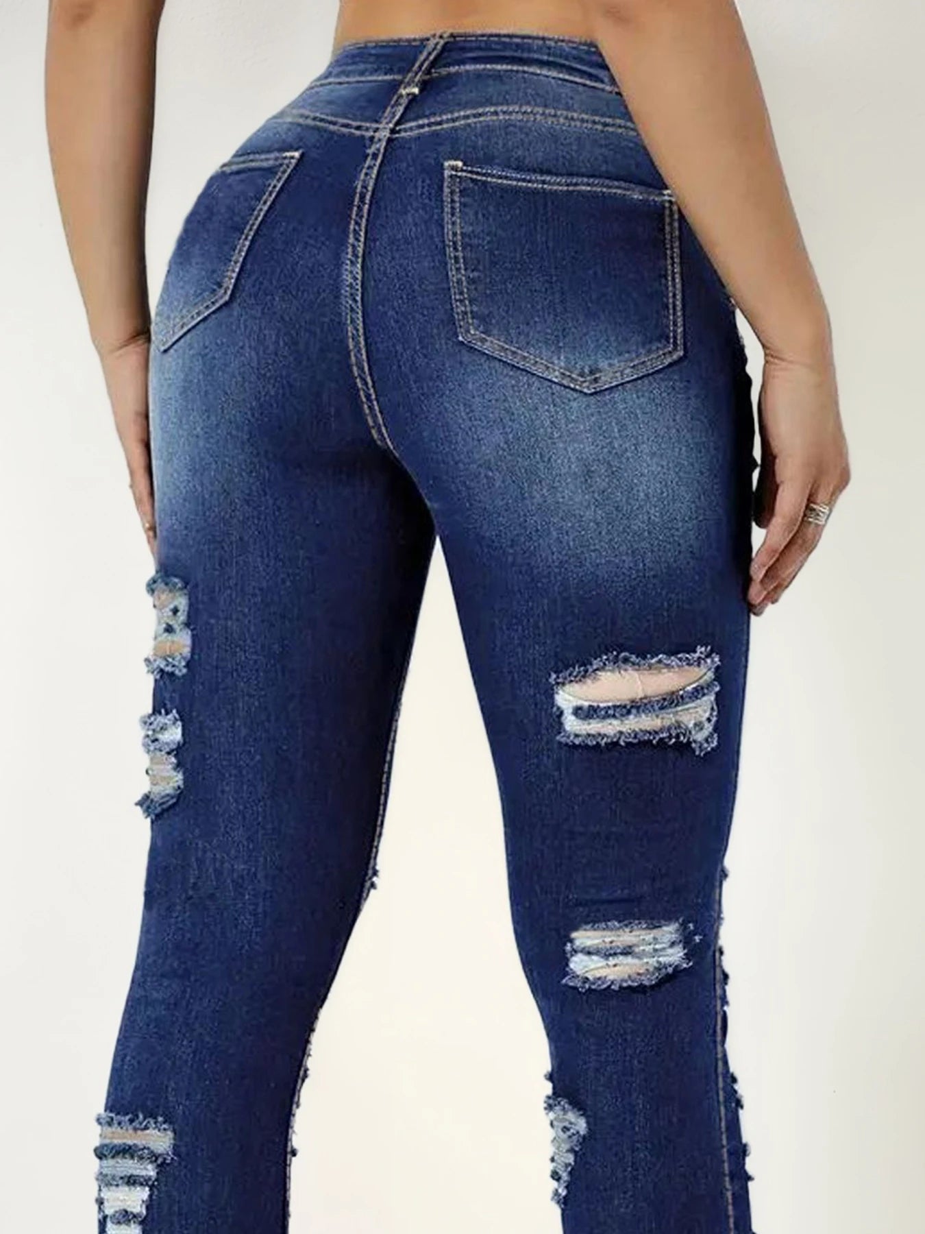 2025 New Women's High Waisted Elastic Perforated Slim Fit Jeans, Fashionable Street Style, Comfortable Casual Jeans