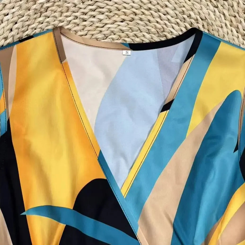 Tropical Print V-Neck Waist Section Cable Knit Fit And Flare Dress Maxi Women Outfit