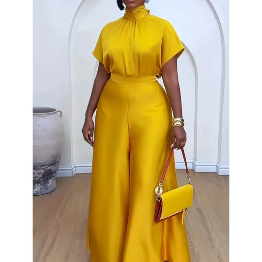 Yellow Turtleneck Short-sleeved Knotted Top with Wide-leg Pants Vacation Two-piece Trousers Suit
