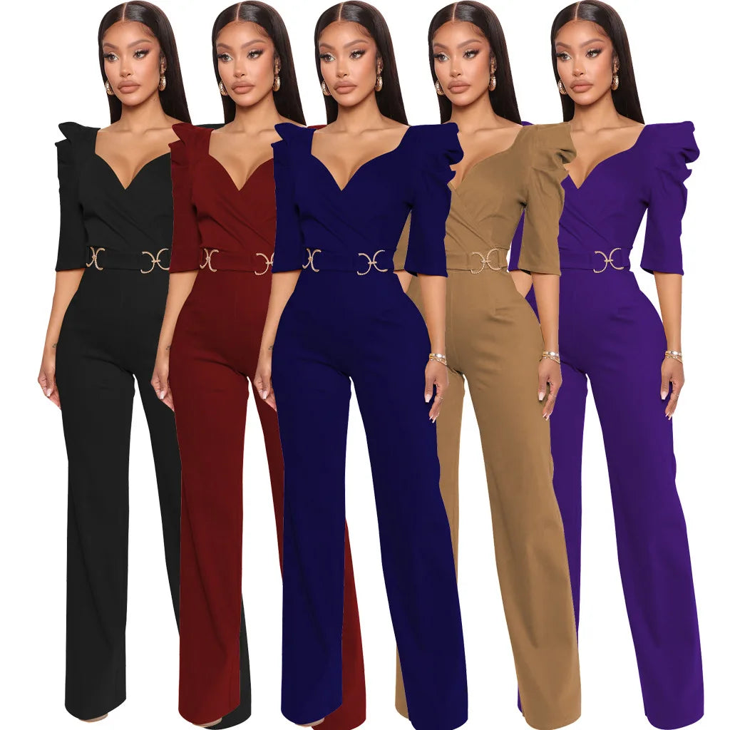 Sexy fashion solid color seven-quarter sleeve V-neck women's jumpsuit SMR10805