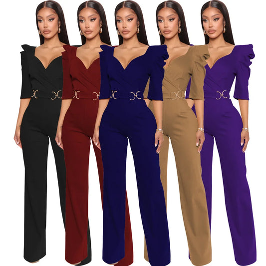 Sexy fashion solid color seven-quarter sleeve V-neck women's jumpsuit SMR10805