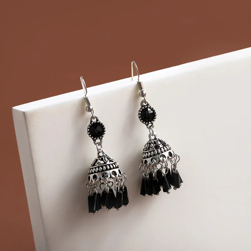 Chic Tassel Lantern Earrings - Exquisite Black Chandelier Drops, Dangling Ethnic Style Hooks, Hypoallergenic for Sensitive Skin
