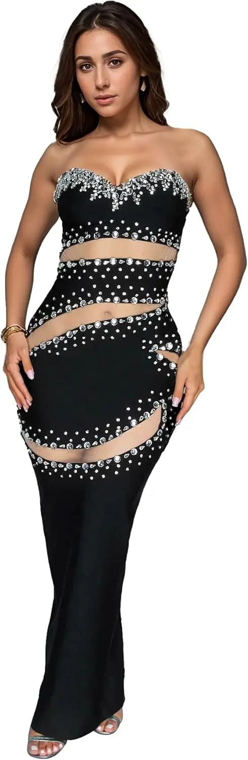Women's Hot Drilling Craft Sexy Long Sleeve Mesh See Through Sequined Party Club Night Rhinestone Dress