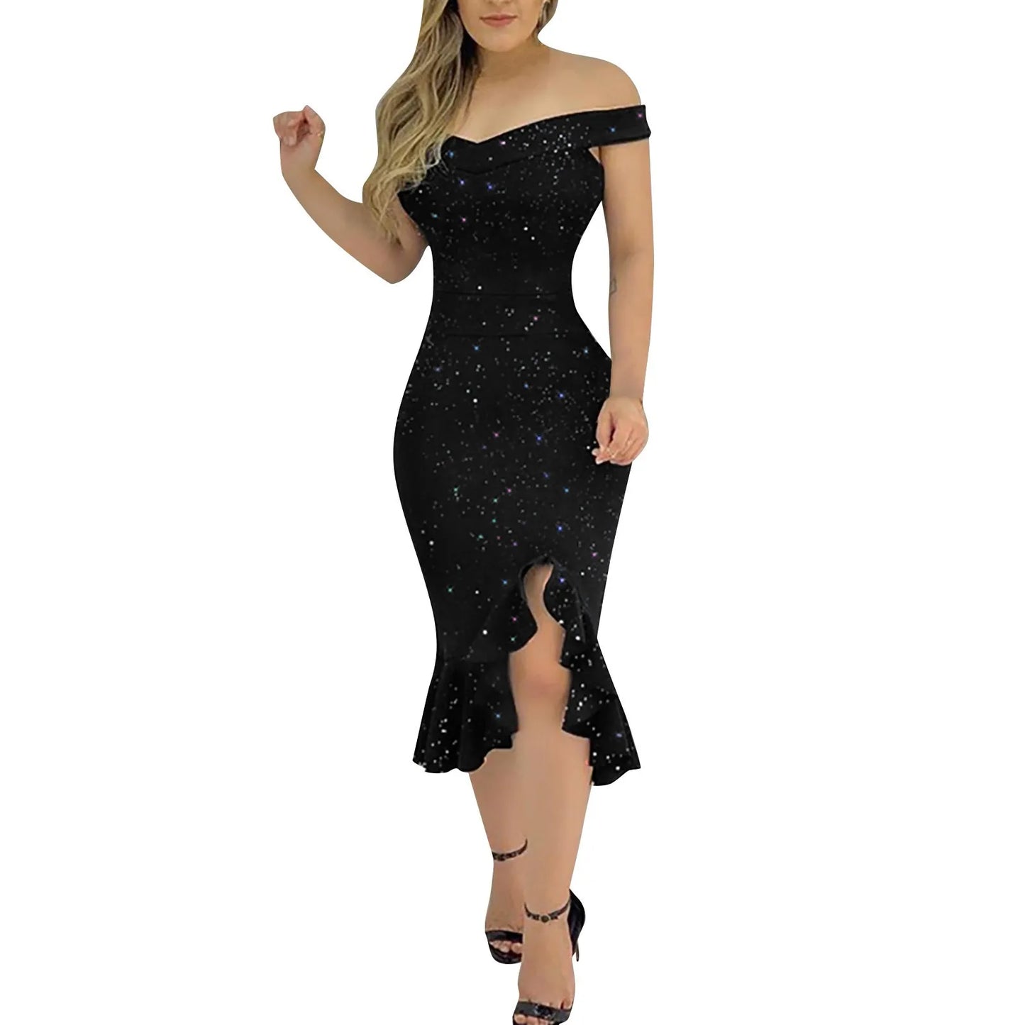 Women'S Fashion Sexy Summer Off Shoulder Short Sleeve Sequin Ruffle Irregular Dresses Elegant Women'S Dresses For Party Vestidos
