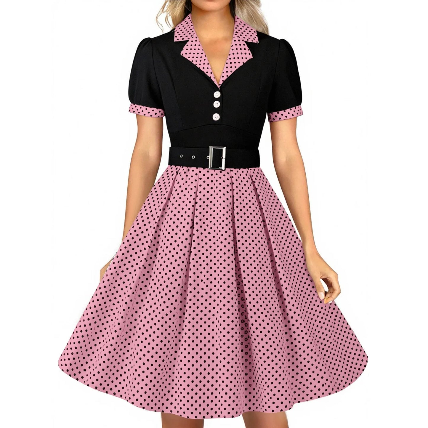 Women'S Vintage Polka Dot Lapel  Short-Sleeved Belt Dress Vestidos Mujer Veranoa 2025 Robe Femme Dress Women Women Clothing