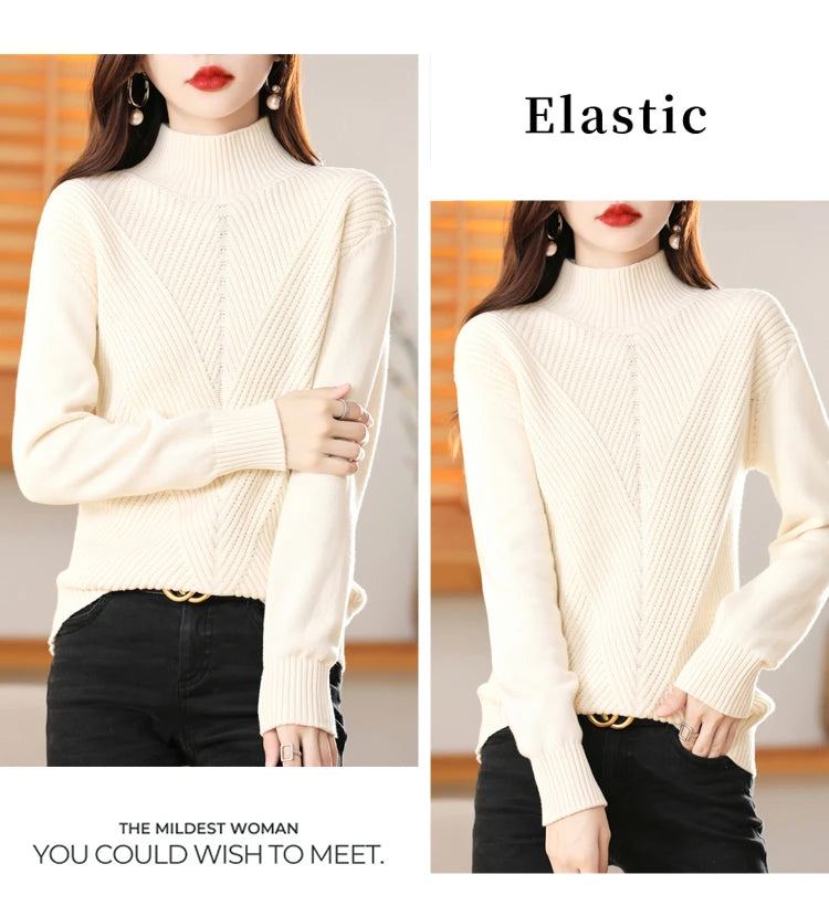 Women's 100% Pure Cotton Knitted Sweater Semi High Neck Solid Color Pullover Autumn and Winter Thick Casual Knitted Women's Top