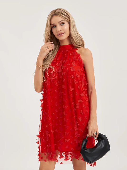 Elegant Lace Embroidered Sleeveless Halter Neck Dress with Floral Appliques and Mesh Overlay for Summer Cocktail Party