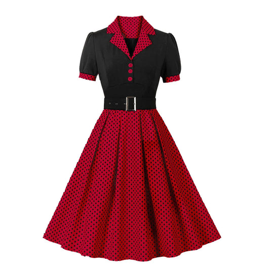 Women'S Vintage Polka Dot Lapel  Short-Sleeved Belt Dress Vestidos Mujer Veranoa 2025 Robe Femme Dress Women Women Clothing